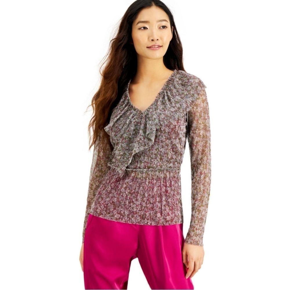 INC Womens Brown Floral/Metallic Long Sleeve V Neck Blouse Size XS